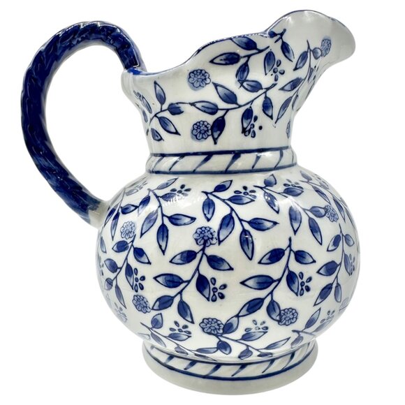 Ceramic Pitcher Vase Blue and White Floral Scalloped Edge Braided Handle 7.5" H - Picture 1 of 7